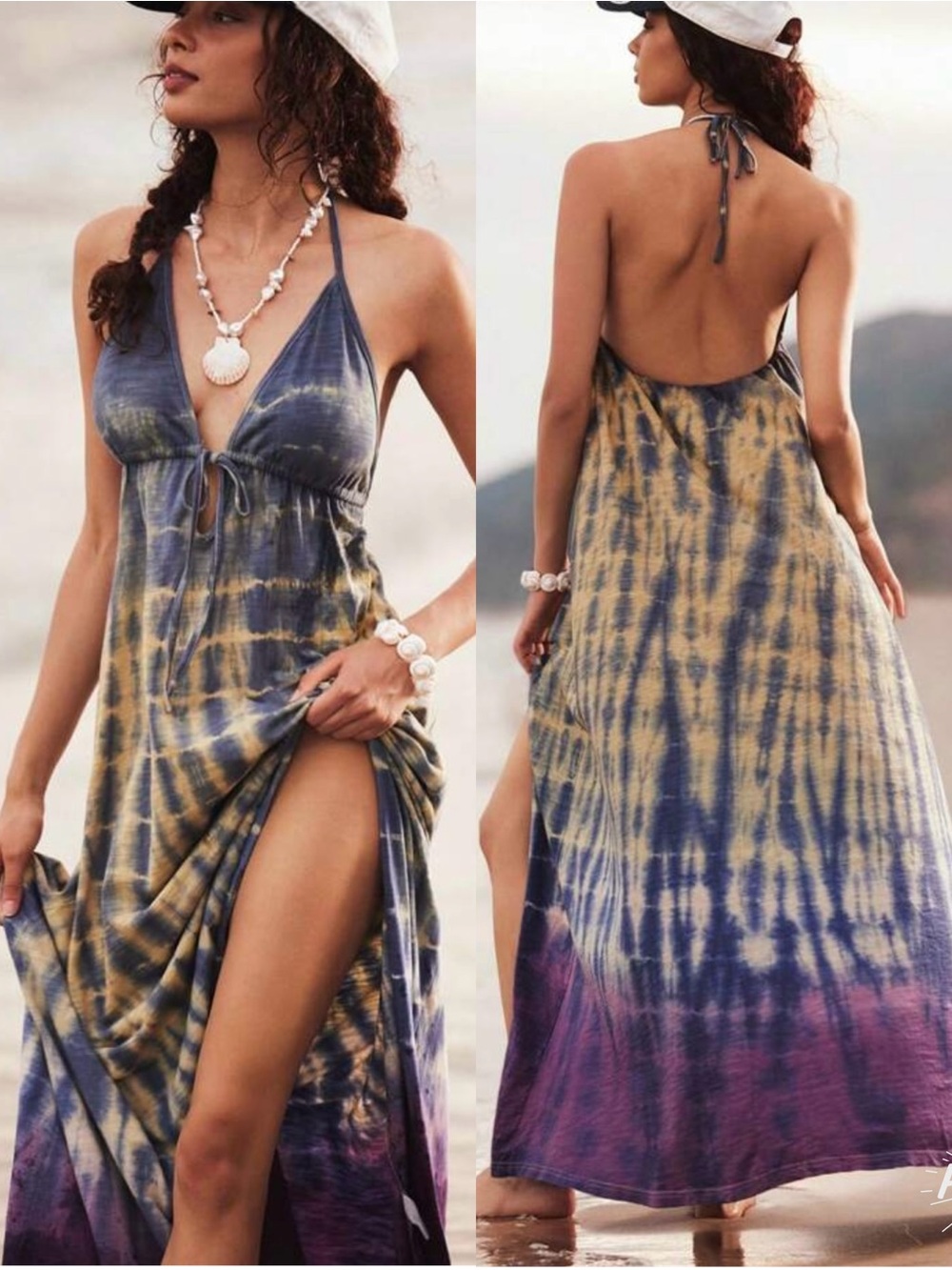 Boho Tie-Dye Slit Plunge Neck Open Back Backless Halter Maxi Dress Multicolored